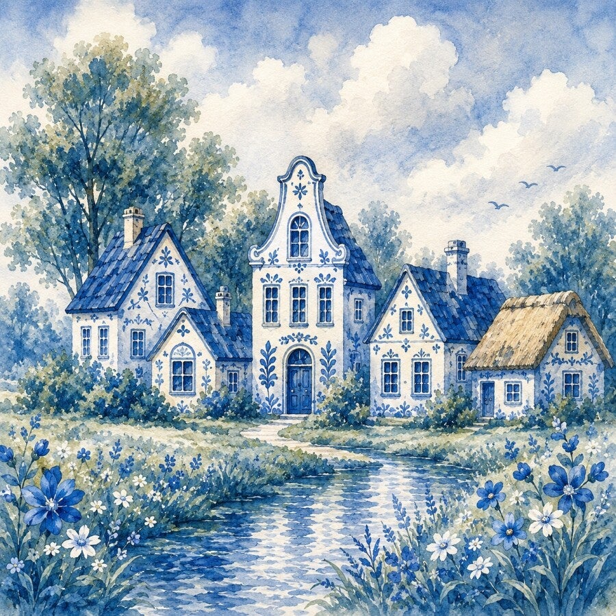 Delfts Dorp aan het Water – Delfts blauw landschap met Hollandse huisjes