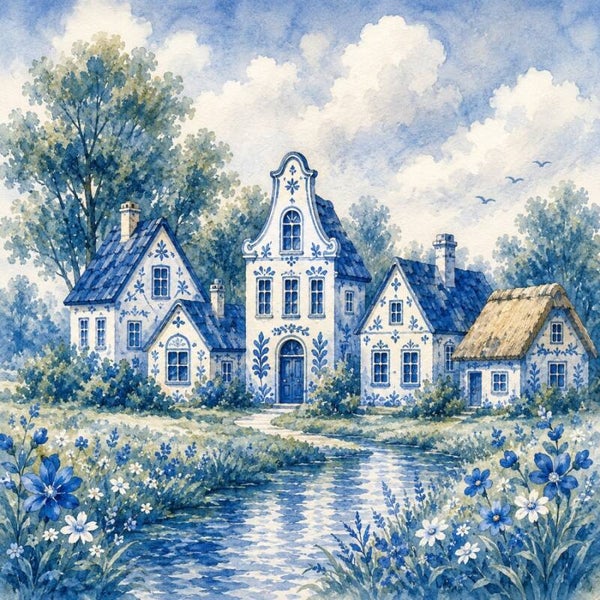 Delfts Dorp aan het Water – Delfts blauw landschap met Hollandse huisjes