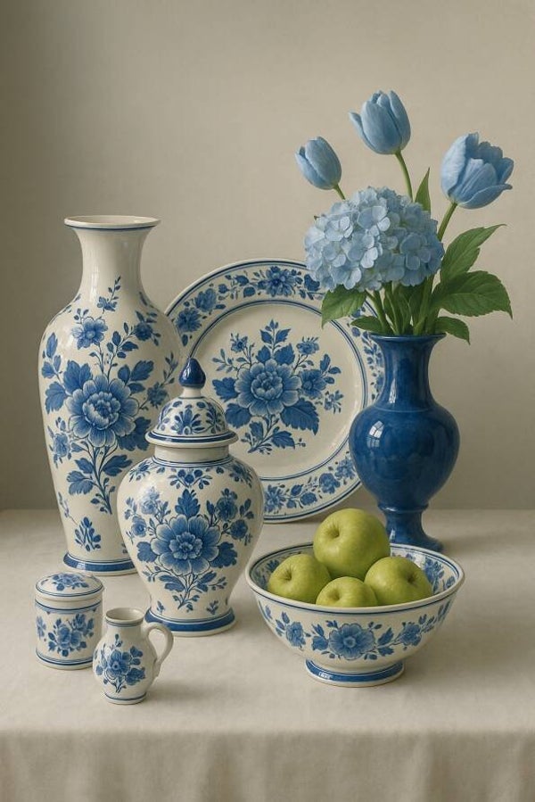 Blauw & Bloei – schilderij met Delfts Blauw servies, bloemen en appels