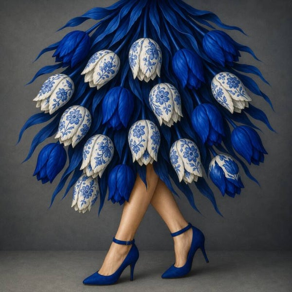 Blauwe Tulpendans – Delfts blauw schilderij met tulpenrok
