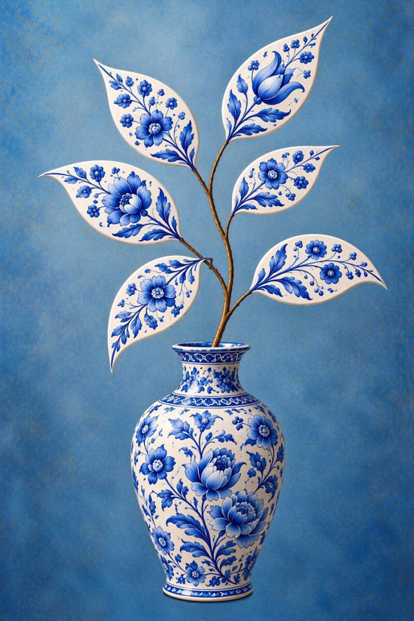 Delftse Bladerpracht – delfts blauw wanddecoratie met vaas en sierlijke bladeren