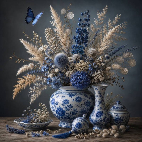 Delftse Blauwe Rust – Landelijk Delfts blauw schilderij met droogbloemen