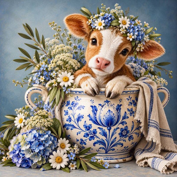 Delftse Bloemenknuffel – landelijk kalf schilderij met hortensia, margrieten en Delfts blauwe pot