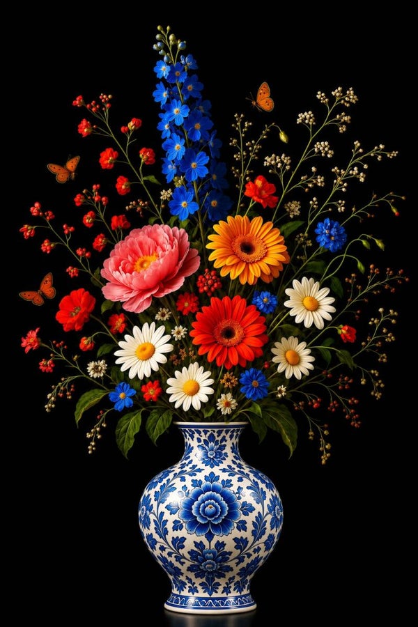 Delftse Bloemenpracht – delfts blauw schilderij met kleurrijk boeket in vaas