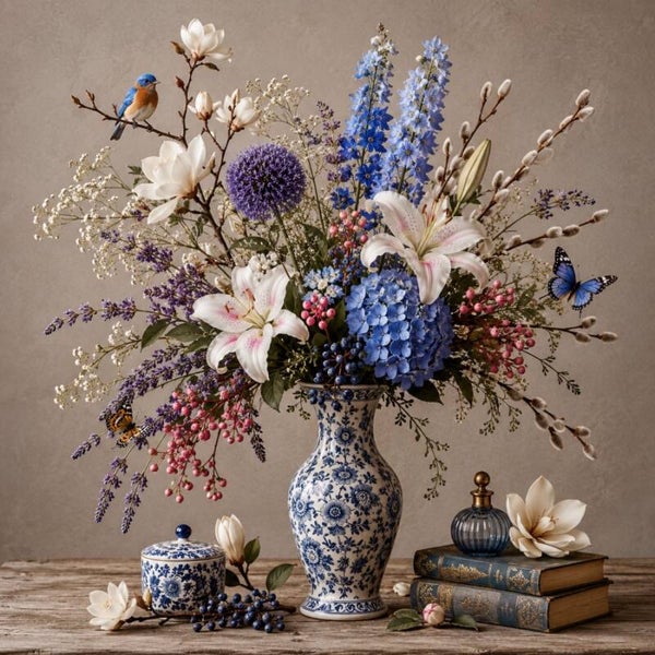 Delftse Bloementuin – Delfts blauw schilderij met lelies, hortensia en vlinders