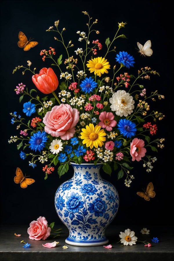 Delftse Bloementuin – kleurrijk bloemen schilderij met vlinders en Delfts blauwe vaas