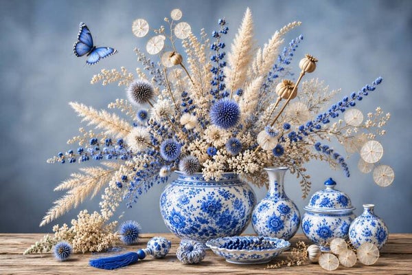 Delftse Bloemenweelde – landelijk stilleven met Delfts blauw en droogbloemen