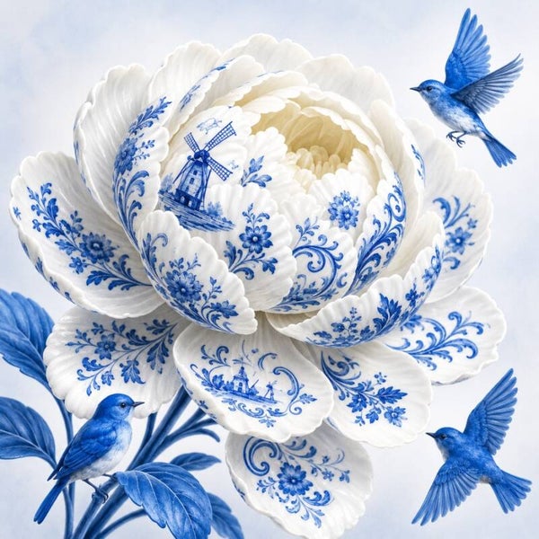 Delftse Bloesempracht – Delfts blauw bloemenschilderij met vogels