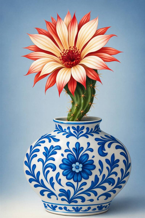 Delftse Cactusbloei – cactus schilderij met grote bloem en Delfts blauwe vaas