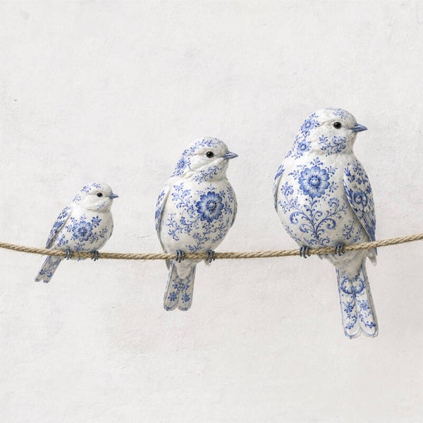 Delftse Drieling – Landelijk Delfts blauw schilderij met vogels