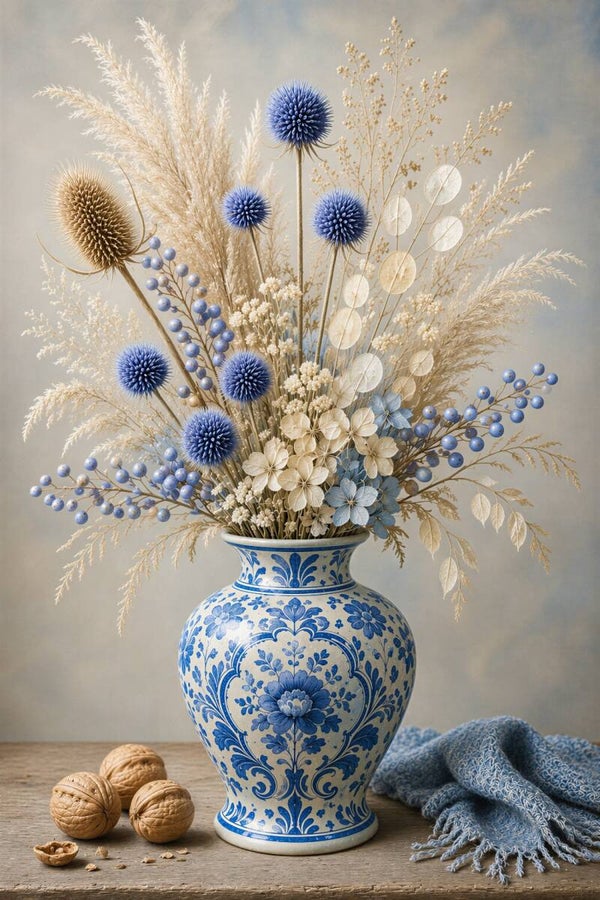 Delftse Droogbloemenpracht – landelijk stilleven met Delfts blauwe vaas