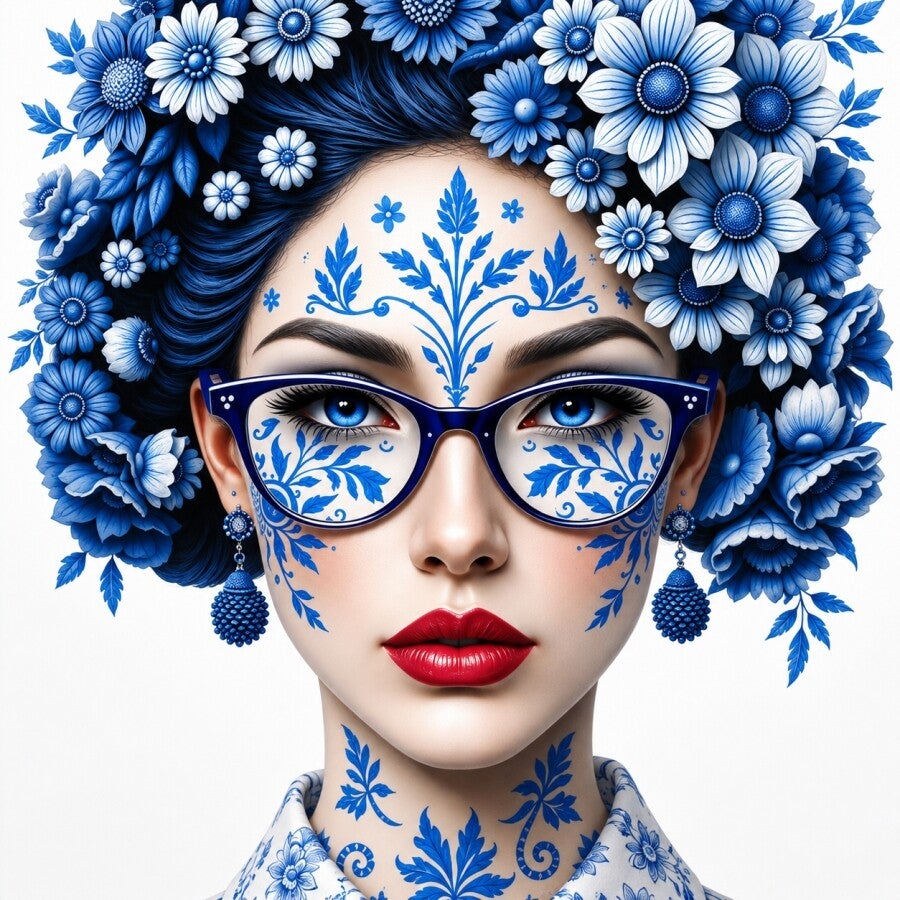 Delftse Droomblik – Delfts blauw portret met bloemen en bril