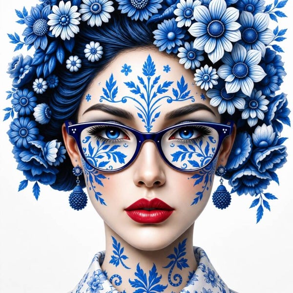 Delftse Droomblik – Delfts blauw portret met bloemen en bril