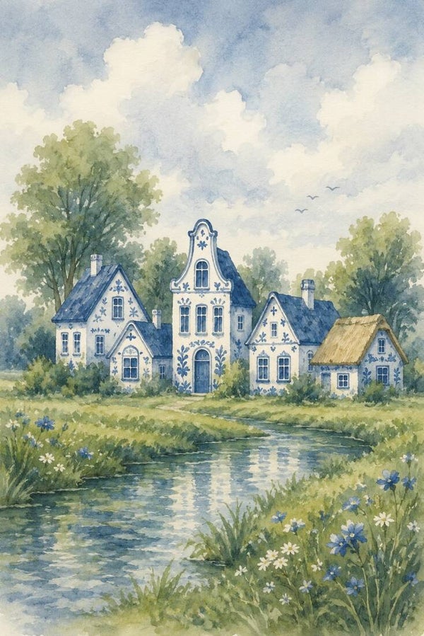 Delftse Droomhoeve – landelijk schilderij met blauwe huizen, water en bloemen