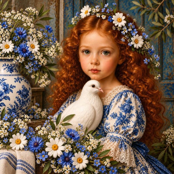 Delftse Duivenbloei – landelijk meisje schilderij met witte duif, margrieten en Delfts blauw