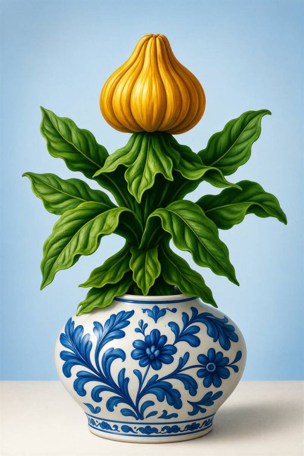 Delftse Goudknop – geel bloem schilderij met groene bladeren en Delfts blauwe vaas