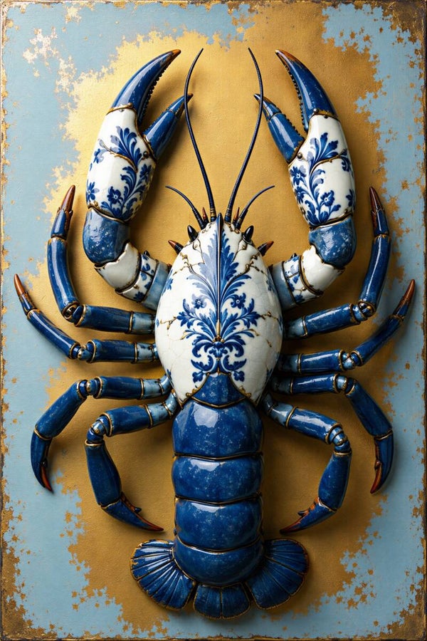 Delftse Goudkreeft – Delfts blauw kreeft schilderij met goudaccenten