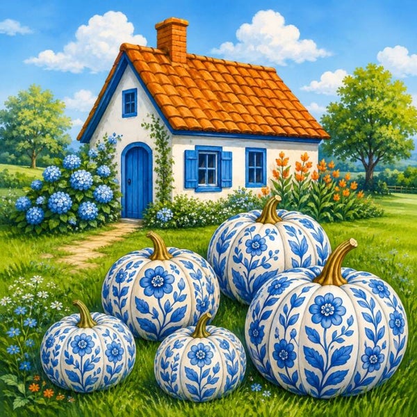 Delftse Herfstoogst – Delfts blauw pompoenen bij een landelijk huis