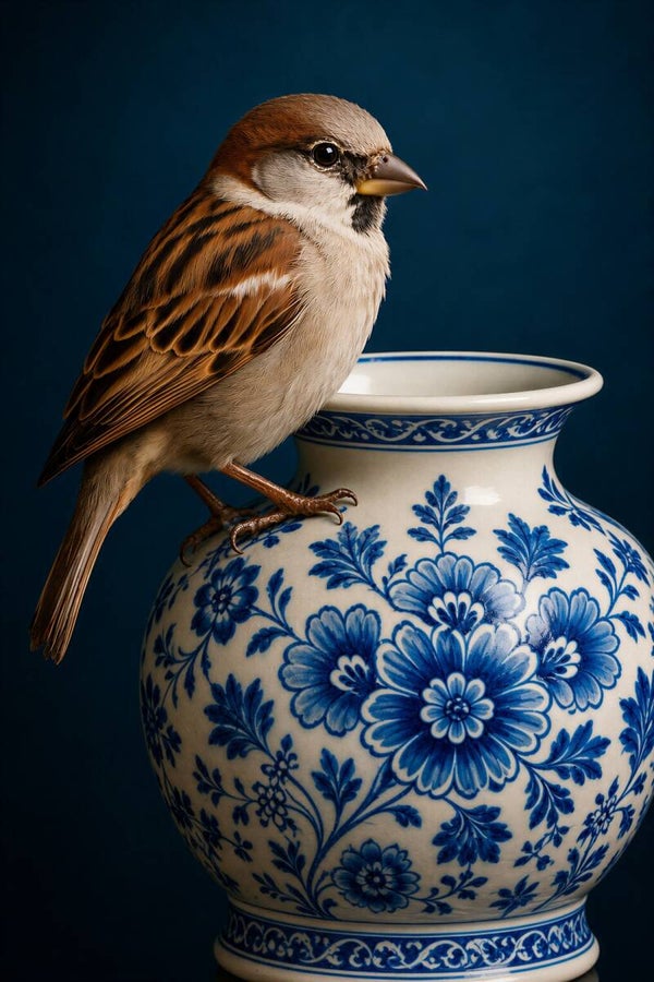 Delftse Huismus – vogel op Delfts blauwe vaas met bloemen