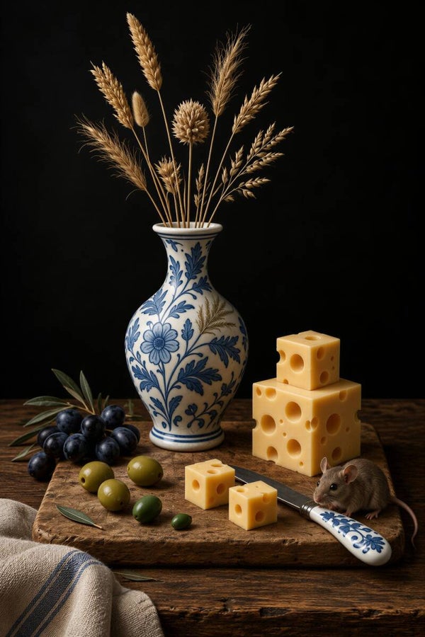Delftse Kaasdief – Delfts blauw schilderij met muis, kaas en vaas