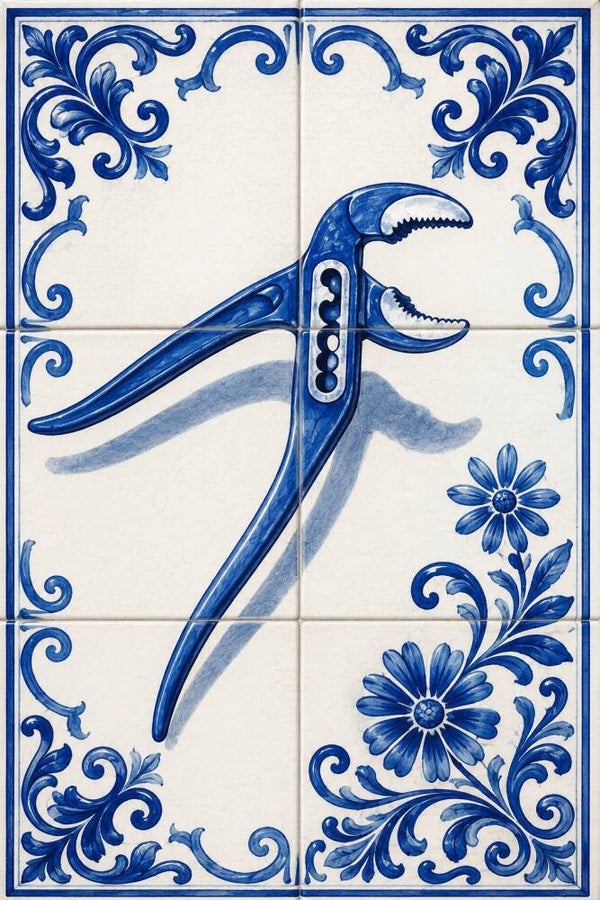 Delftse Klus – Delfts blauw schilderij met waterpomptang en tegelpatroon