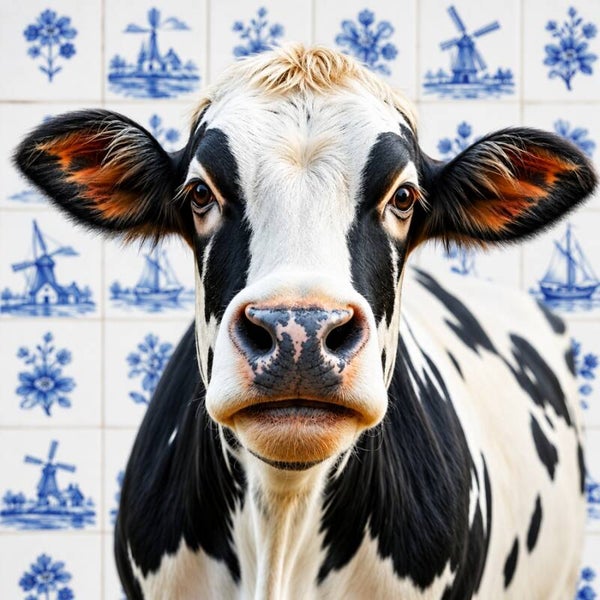 Delftse Koeiencharme – Delfts blauw koe schilderij met Hollandse tegels