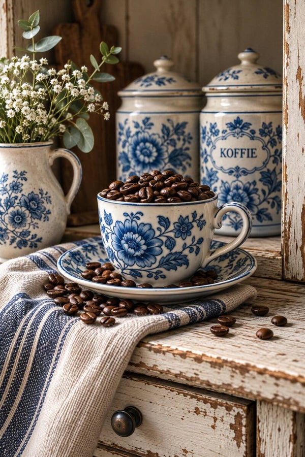 Delftse Koffiepauze – Delfts blauw schilderij met koffiekop en koffiebonen