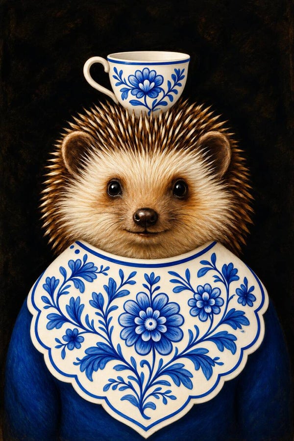 Delftse Koffieprik – egel schilderij met koffiekopje en Delfts blauwe bloemen