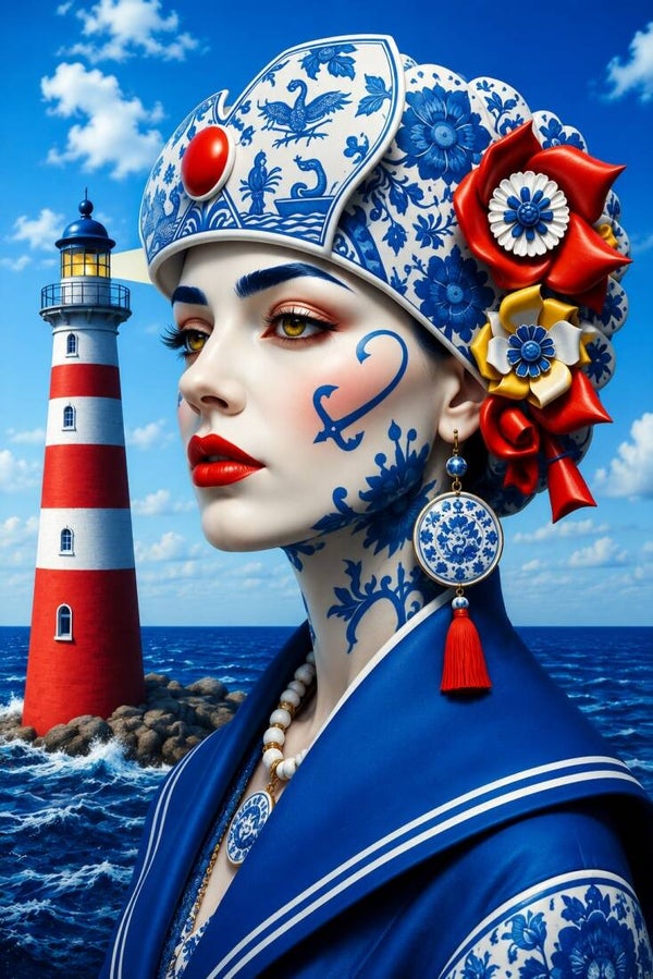 Delftse Kustwacht – Delfts blauw portret vrouw met vuurtoren en zee