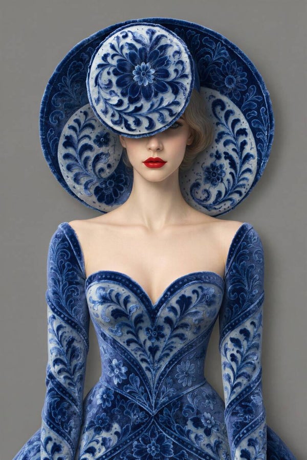 Delftse Élégance – Delfts blauw damesportret met couture jurk en grote hoed