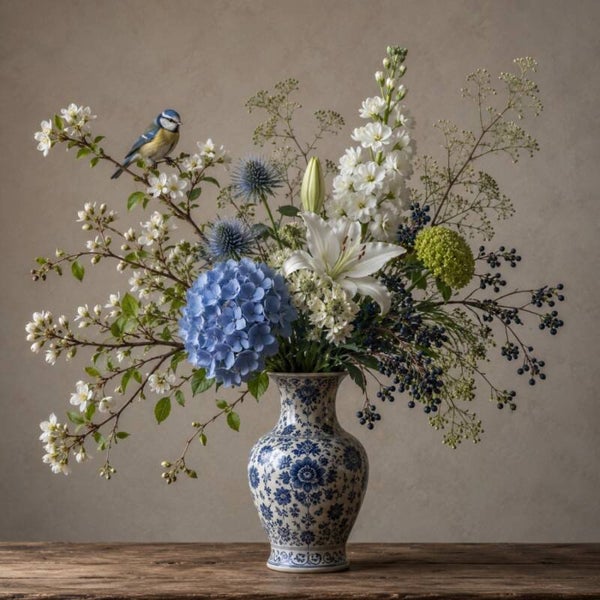 Blauw en Bloesem – Delfts blauw schilderij met koolmees