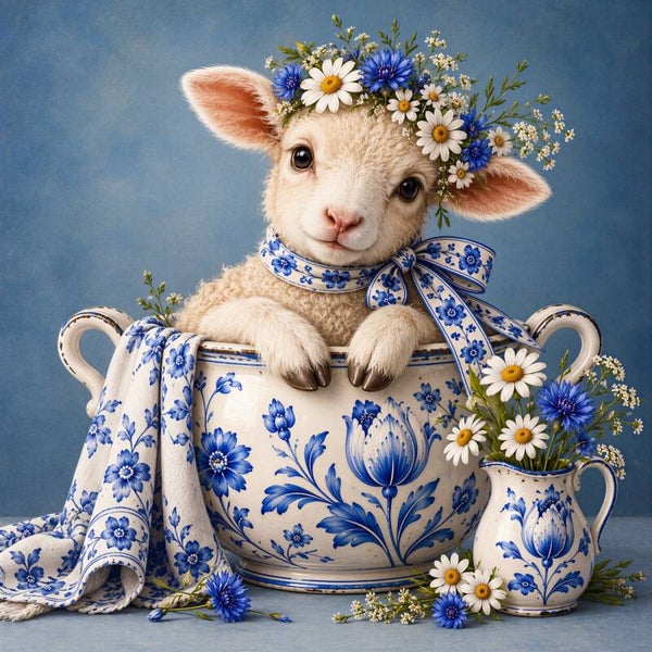 Delftse Lentelam – landelijk schaap schilderij met bloemenkrans en Delfts blauwe pot