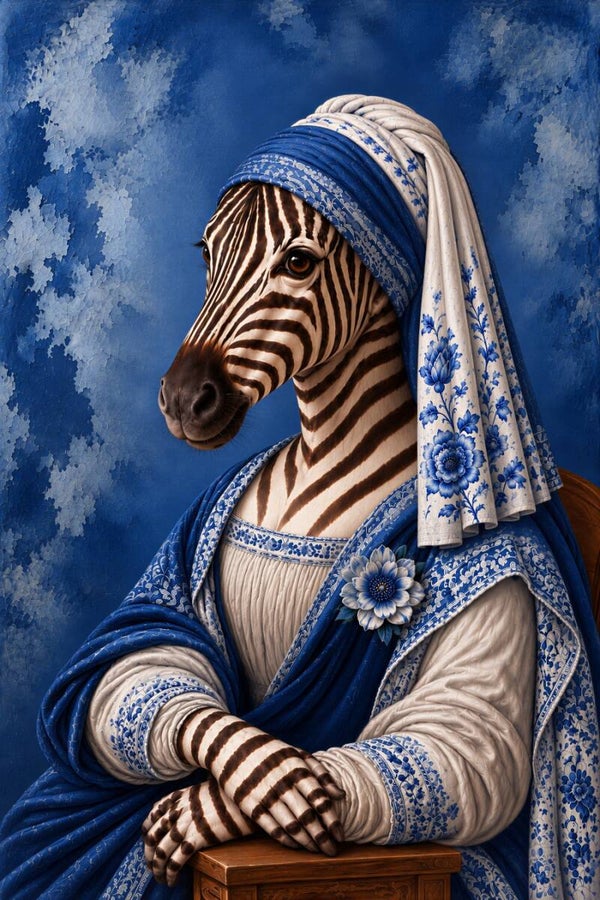 Delftse Mona Zebra – zebra schilderij in Mona Lisa stijl met Delfts blauw