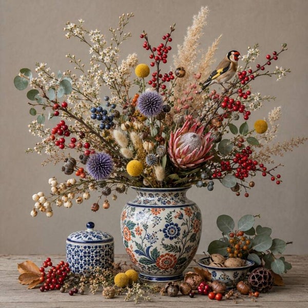 Delftse Natuurpracht – Delfts blauw schilderij met distels, bessen en putter