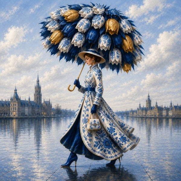 Delftse Tulpenparaplu – vrouw in Delfts blauw met tulpen en paraplu