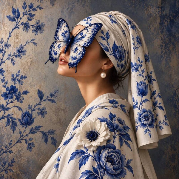 Delftse Parelvlinder – Meisje met de Parel schilderij in blauw wit met bloemen