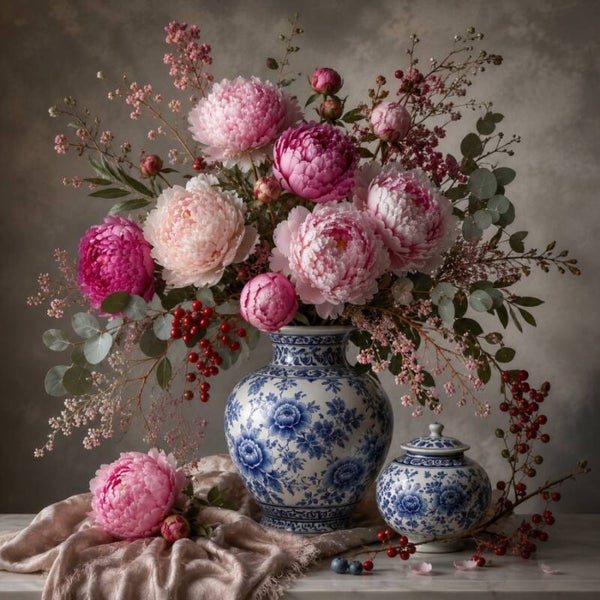 Delftse Pioenrozenpracht – Delfts blauw schilderij met roze pioenrozen