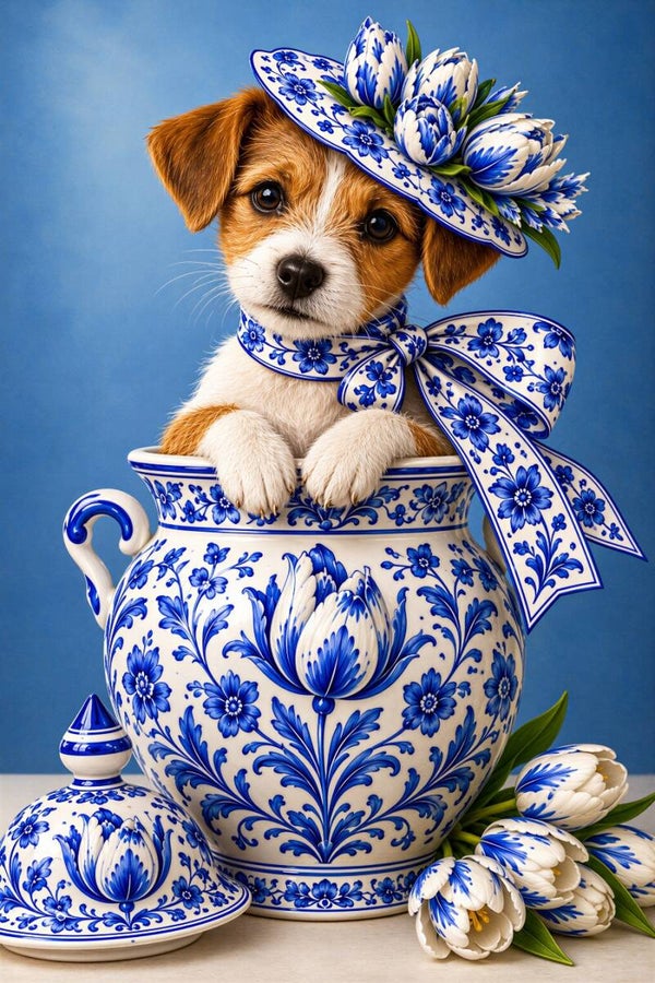 Delftse Pottenpoot – hond schilderij met Delfts blauwe pot, bloemenhoed en strik