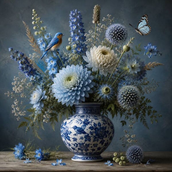 Delftse Serenade – Landelijk Delfts blauw schilderij met vogel en bloemen