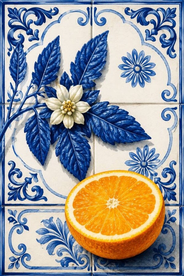 Delftse Sinaasappel – Delfts blauw schilderij met citrus en bloemtegels