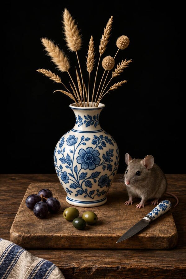 Delftse Tafelgast – Delfts blauw schilderij met muis, vaas en droogbloemen