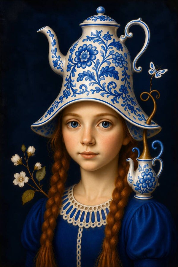 Delftse Theodora – Delfts blauw meisje met theepot, bloemen en porselein