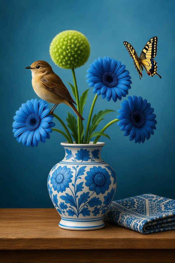 Delftse Tuingasten – vogel schilderij met blauwe bloemen, vlinder en Delfts blauwe vaas