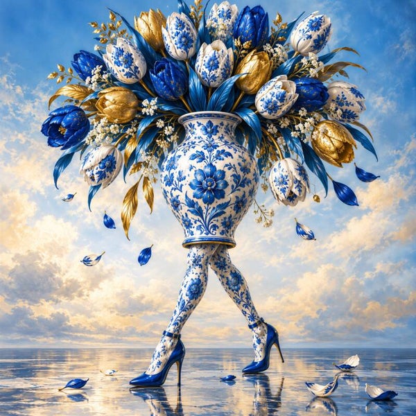 Delftse Tulpenparade – vrouwelijk bloemen schilderij met gouden tulpen en Delfts blauwe vaas
