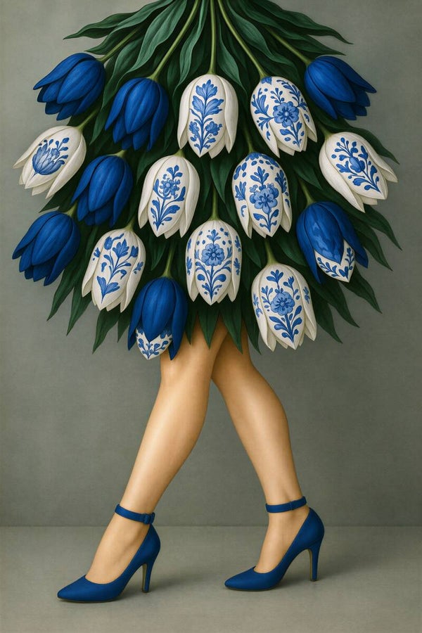 Delftse Tulpenpracht – Delfts blauw schilderij vrouw met tulpenrok en blauwe hakken