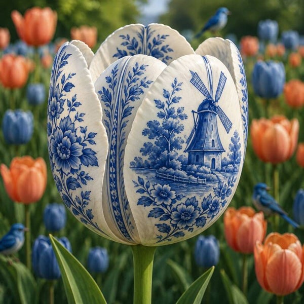 Delftse Tulpenpracht – Delfts blauwe tulp met molen en tulpenveld