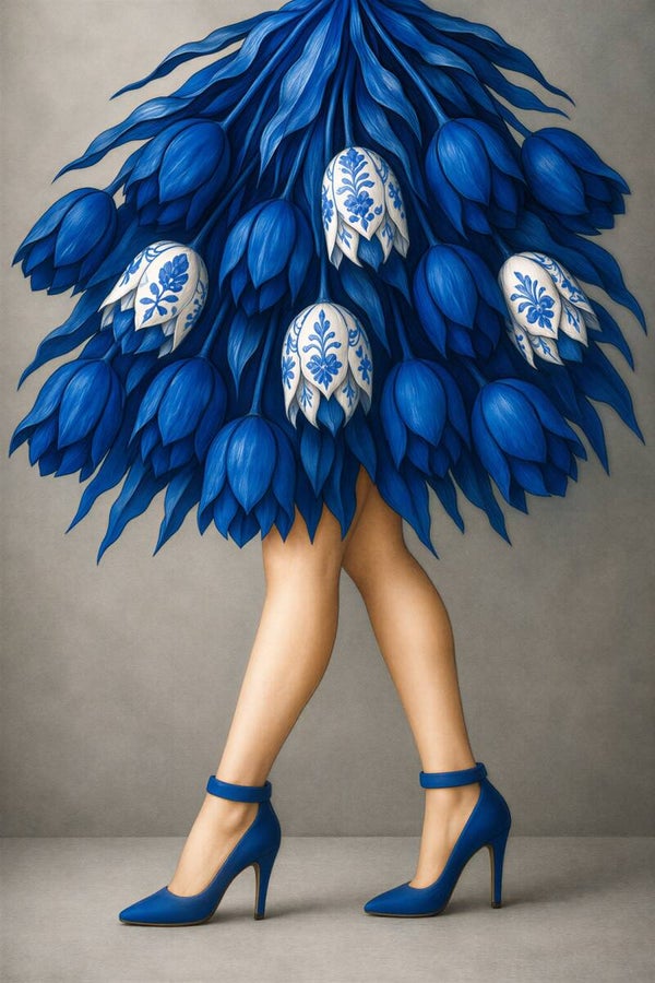 Delftse Tulpenrok – Delfts blauw schilderij vrouw met blauwe tulpen en hakken