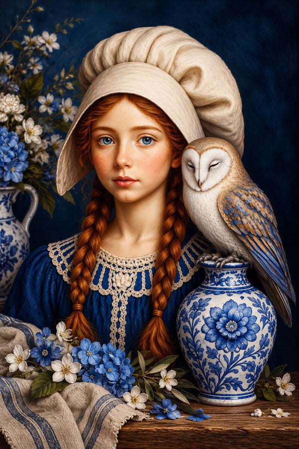 Delftse Uilenhoedster – meisje schilderij met uil, bloemen en Delfts blauwe vaas