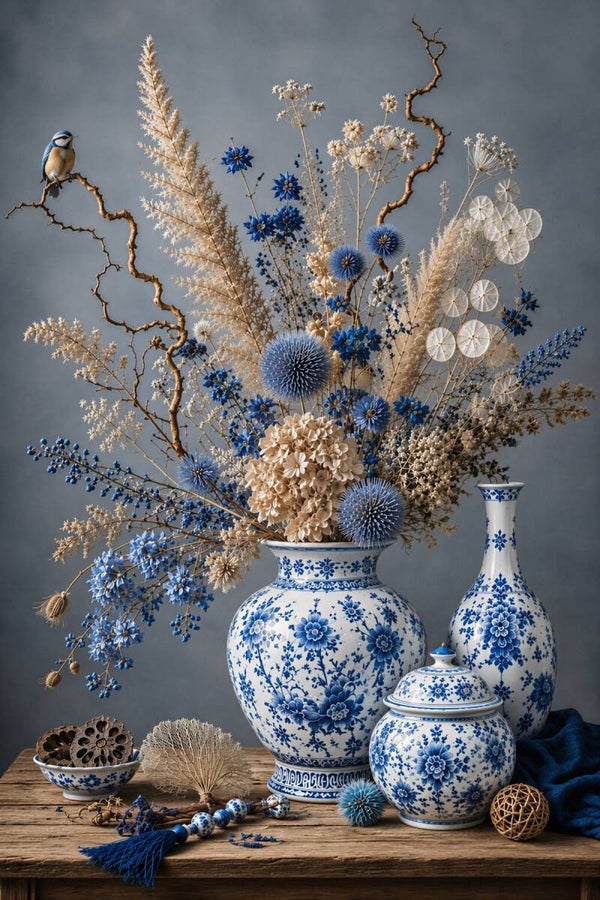 Delftse Veldpracht – landelijk Delfts blauw stilleven met droogbloemen en vogel