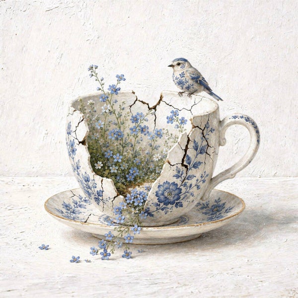Delftse Vergeet-mij-nietjes – Landelijk Delfts blauw schilderij met vogel